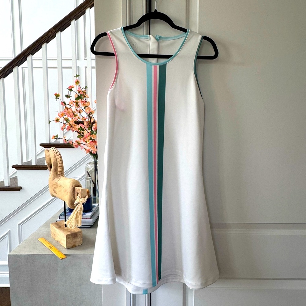 Addison Bay White Sleeveless A-Line Dress with Teal and Pink Center Stripe